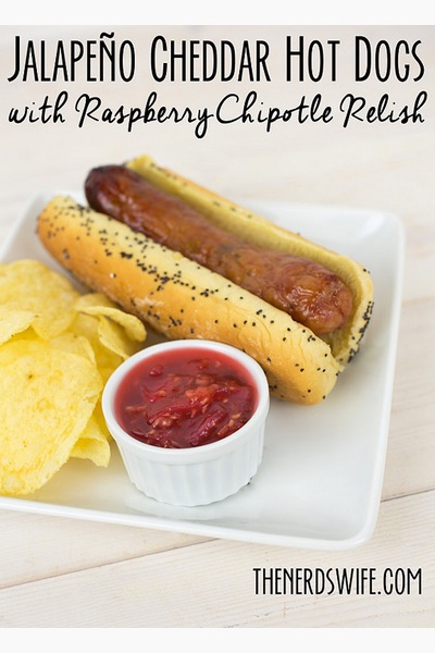 Jalapeño Cheddar Hot Dogs with Raspberry Chipotle Relish